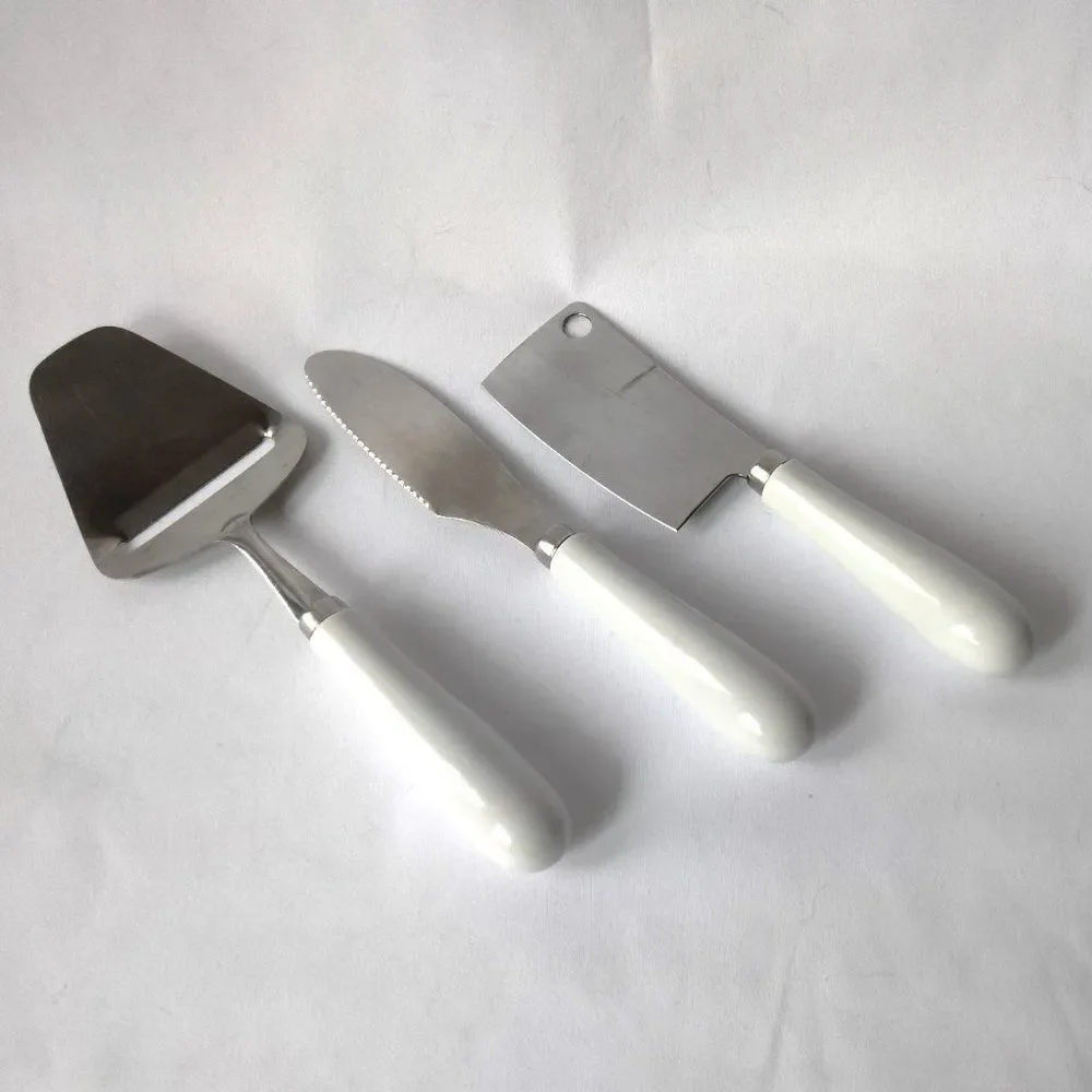 Vintage 80s Set of 3 Cheese Knives with White Ceramic Handles